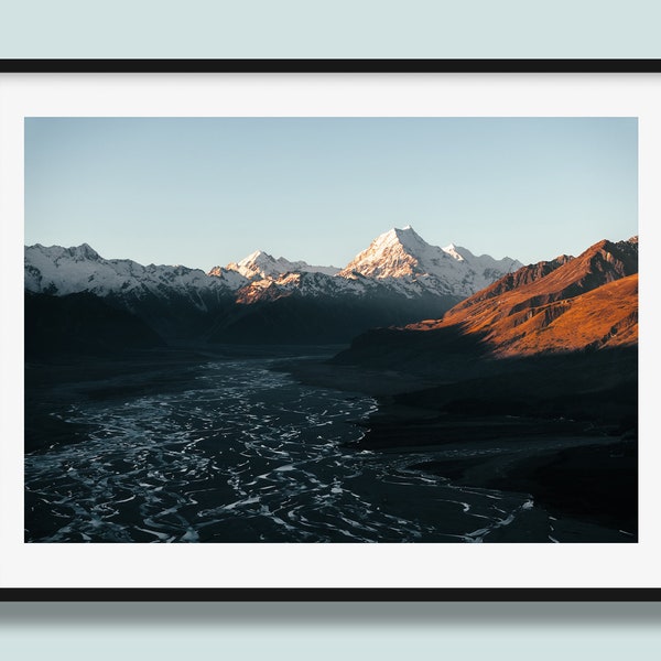 Mount Cook New Zealand Print | Braided Riverbed Print, Glacier Rivers Wall Art Print, aerial landscape print from Lake Tekapo, New Zealand