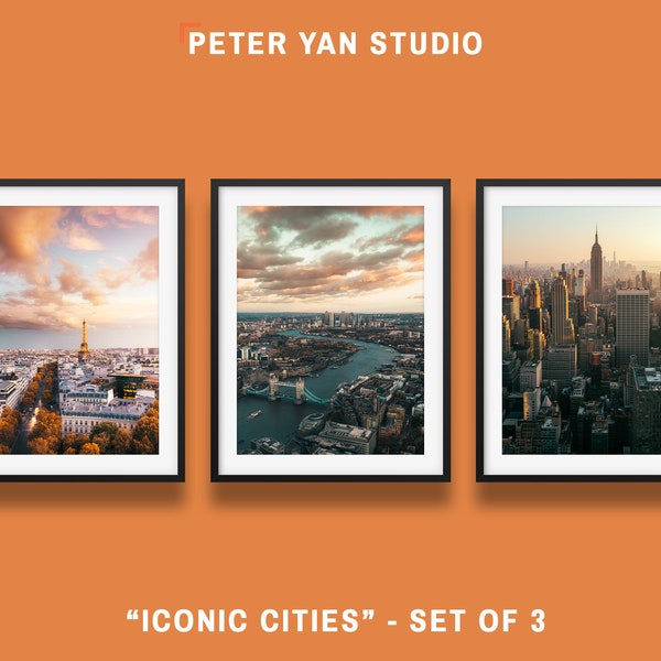 World Iconic Cities Prints - Set of 3, Paris art prints, London art prints, New York art prints, Sunset photos from three iconic cities