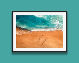 Two Surfers Print | Surfing Poster | Ocean Wall Art | Beach Aerial Print from Victoria Australia