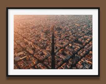 Barcelona Print | Barcelona Sunrise - landscape aerial view, Spain Wall Art Print by Peter Yan