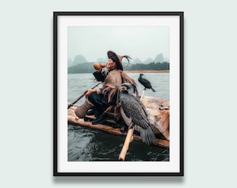 China Li River Wall Art Print – Traditional Chinese Fisherman Photography Poster, Rustic Asian Decor (Unframed)