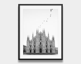 Impresión de la Catedral de Milán: fotografía artística de arquitectura gótica en blanco y negro