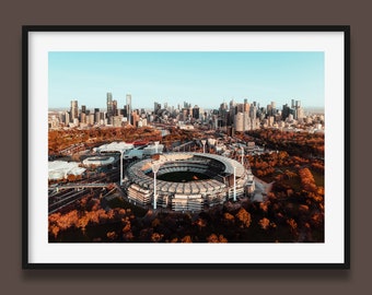 MCG Print | Melbourne Cricket Ground Print In Landscape, Aerial Poster, AFL Footy print, Skyline Wall Art | Peter Yan Studio