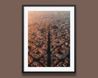 Barcelona Print | Barcelona Aerial Wall Art, City Sunrise Poster, Urban Wall Art from Barcelona, Spain