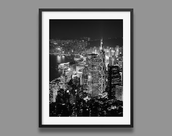 Hong Kong Island Black and White Print | Hong Kong Skyline Poster, Central, HK Island Wall Art Print, Original photography by Peter Yan