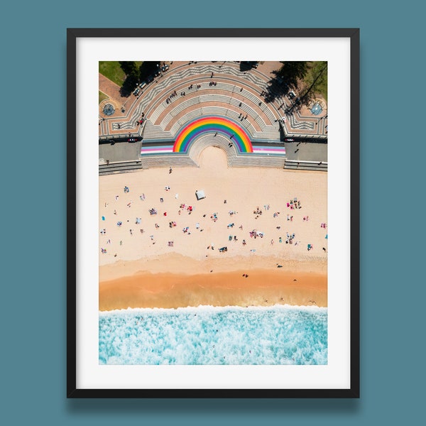 Sydney Coogee Beach Wall Art, Aerial Photography Ocean Art, Coogee Beach Rainbow Poster from Sydney, Australia