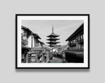 Kyoto Yasaka Pagoda Print - Hokan-ji Temple Japan Wall Art - Kyoto Street Photography - Black and White Poster