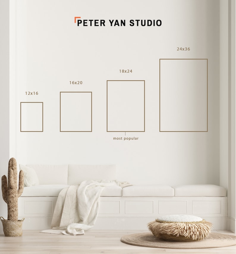 May include: A white wall with four different sized frames, labelled with their dimensions in inches. The frames are arranged from smallest to largest, with the largest frame labelled "24x36". The text "PETER YAN STUDIO" is at the top of the wall. The text "most popular" is below the frames.