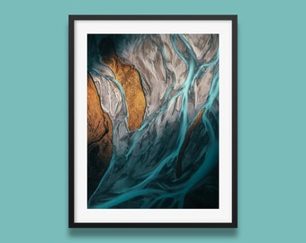 New Zealand Print | Blue braided rivers Print, Glacier river Wall Art Print, aerial photography print from Lake Tekapo, New Zealand