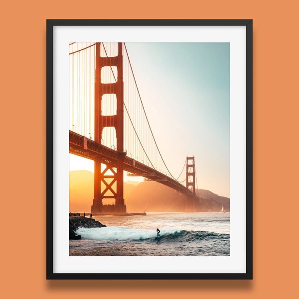 Póster del puente Golden Gate, impresión de arte de pared de surf, impresión fotográfica del atardecer del Golden Gate de San Francisco por Peter Yan