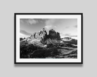 Tre Cime di Lavaredo Print – Italian Alps Black and White Landscape