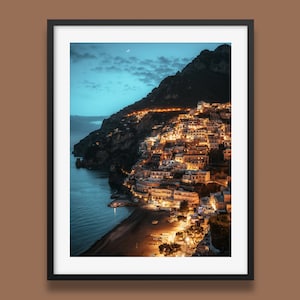 Positano Print | Positano at Night Poster | Italy Print | Amalfi Coast Print | Italy Coastal Wall Art