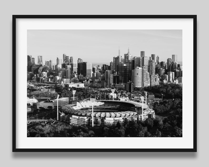 Melbourne MCG Black and White Print Aerial Poster, City Skyline Wall Art Print, Original photography print from Melbourne image 1