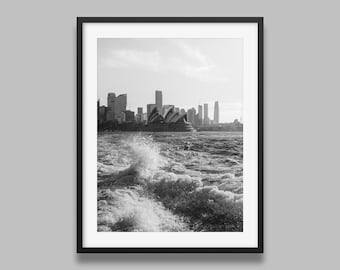 Sydney Opera House Wave Splash Black and White Print | Sydney Poster, Modern Urban Wall Art Print, Original photography by Peter Yan