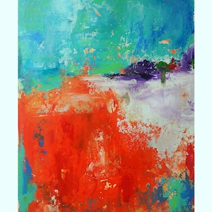 Estate - Dipinto di paesaggio dai colori caldi e brillanti Tecnica mista su carta per acquerello - Arte conveniente