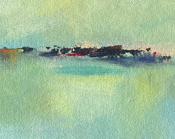 May include: Abstract landscape painting with a soft color palette. The artwork features a blend of blues, greens, and yellows, with a dark, textured horizontal band across the center. The painting evokes a sense of calm and serenity.