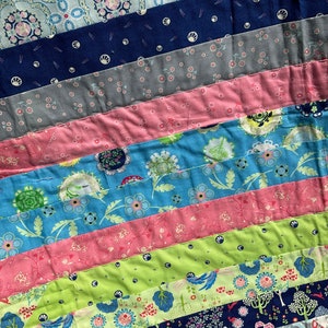 Op de afbeelding: Een kleurrijk patchwork-deken met verschillende bloemmotieven in tinten blauw, groen, roze en wit.