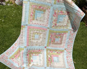 Pastel Log Cabin handmade Patchwork quilt