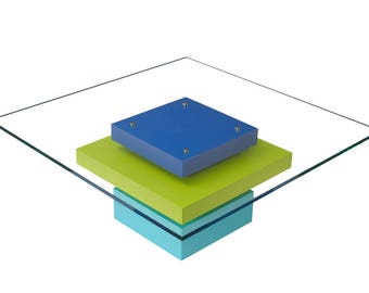 Square design low coffee table Pied-G Uno, colour lacquered wood, glass