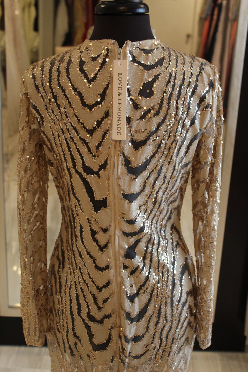 Love /& Lemonade Size Large Long Sleeve Gold Sparkly Thy Length Dress with Subtle Animal Print
