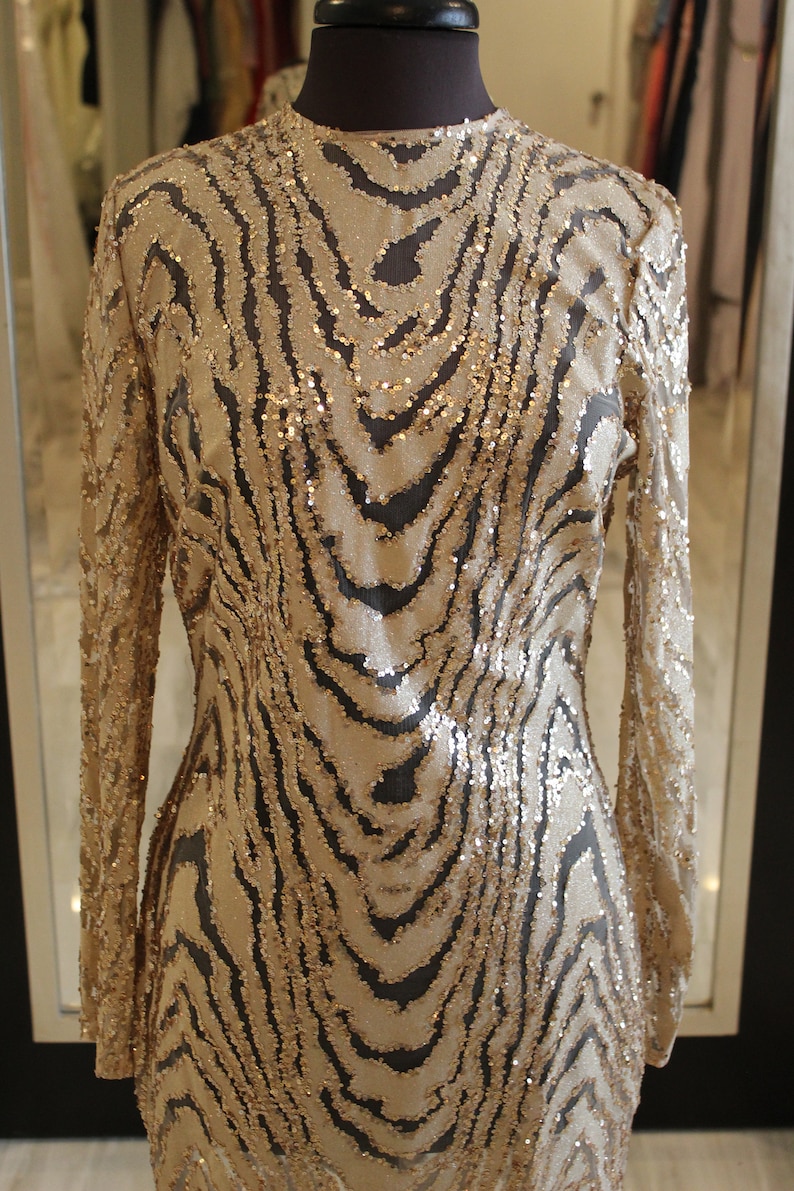 Love /& Lemonade Size Large Long Sleeve Gold Sparkly Thy Length Dress with Subtle Animal Print