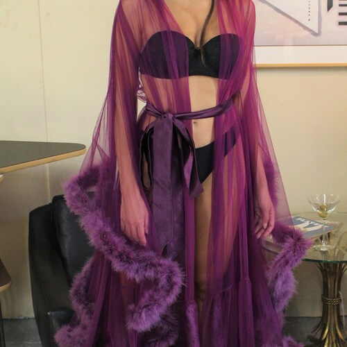 Sheer Boudoir Lingerie Long Robe with Marabou Feathers for photo shoot, Valentine's, maternity, bridal gift, vintage