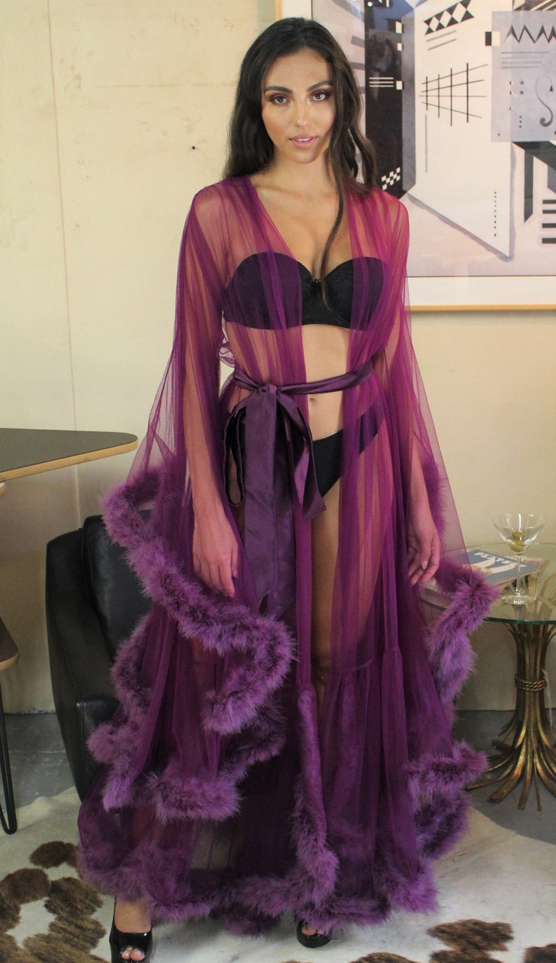 Sexy Sheer Boudoir Lingerie Long Robe with Marabou Feathers, NWT - Assorted Colors 