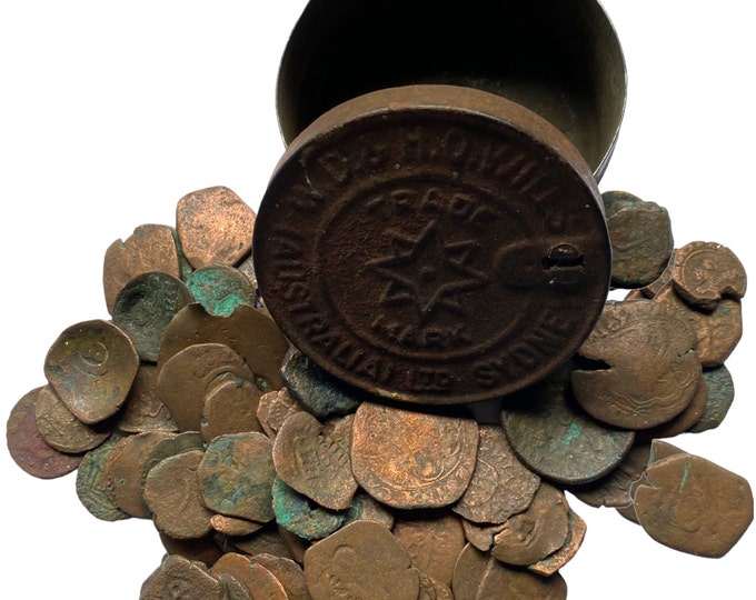 Stash of early Spanish copper coins (1421-1665 AD).
