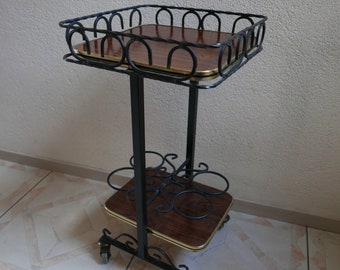 Vintage serveerwagen op wieltjes / drank tafel / bijzet tafel / trolley  - jaren 1950s - IJzer en hout