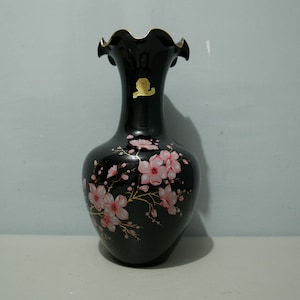 Opalina Florentina - large black glass vase decorated with flowers - Italy, 1970s - vintage