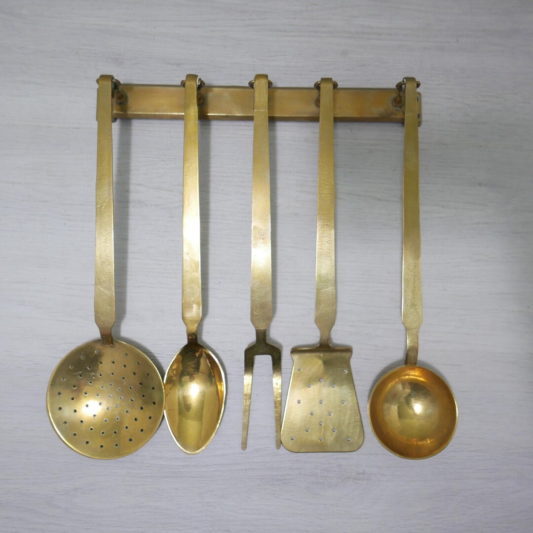 Antique Utensil Rack Brass Kitchen Utensil Rack - 1940 - Mid Century - Vintage Copper ...