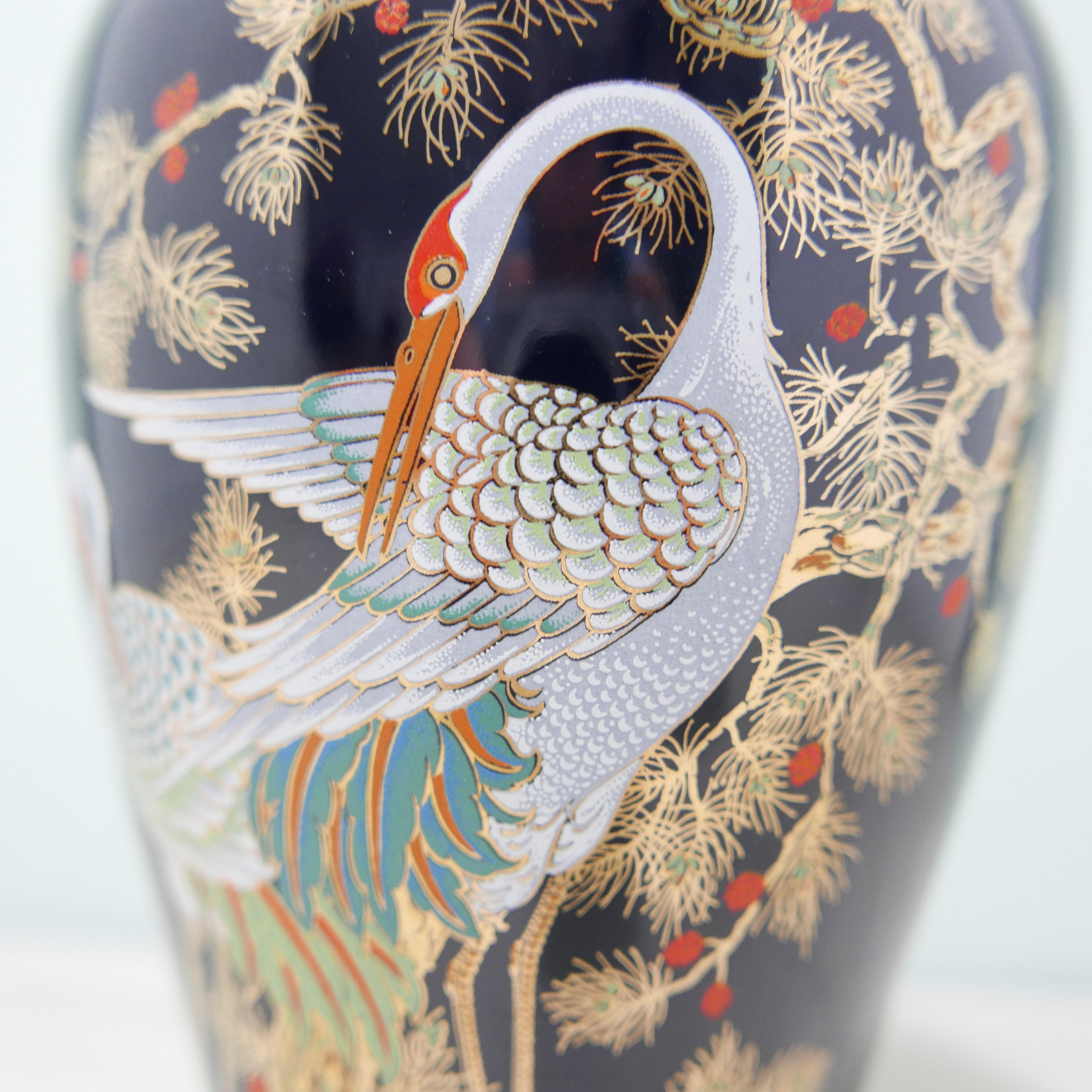 鶴と鳥の絵柄 陶器の花瓶 ヴィンテージ日本製陶器花瓶 - 蓋付き - ダークブルー - 鶴 - 1980年代