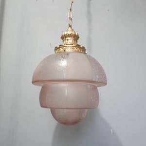 Art Deco glass pendant lamp - pink glass with yellow copper - 1930s