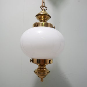 Vintage hanging lamp - white glass ball and brass - 1980