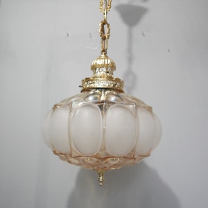 Vintage glass pendant lamp - light orange glass with yellow copper - 1950s