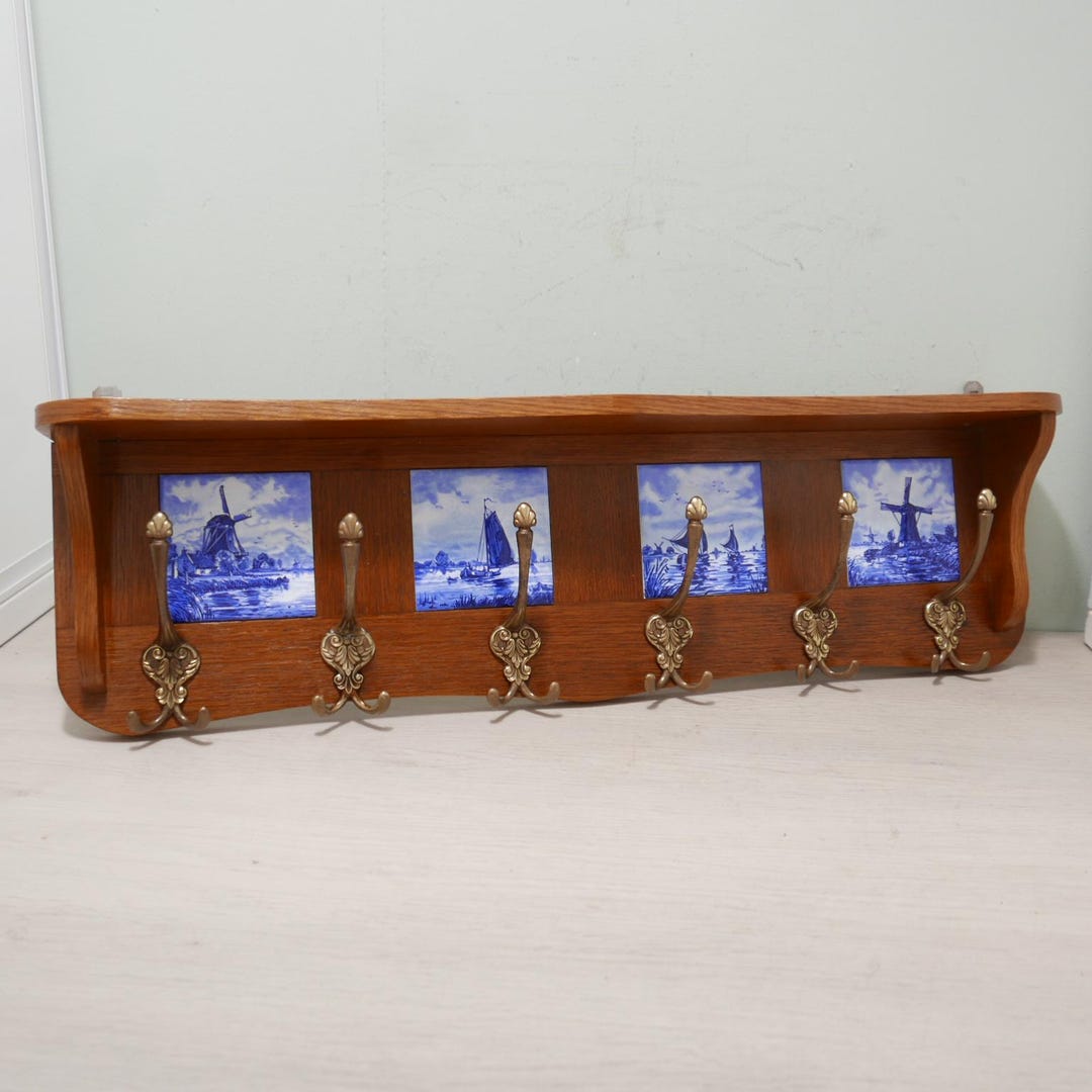 Vintage Coat Rack With Delft Blue Tiles - Wood and Brass - 1970 ...