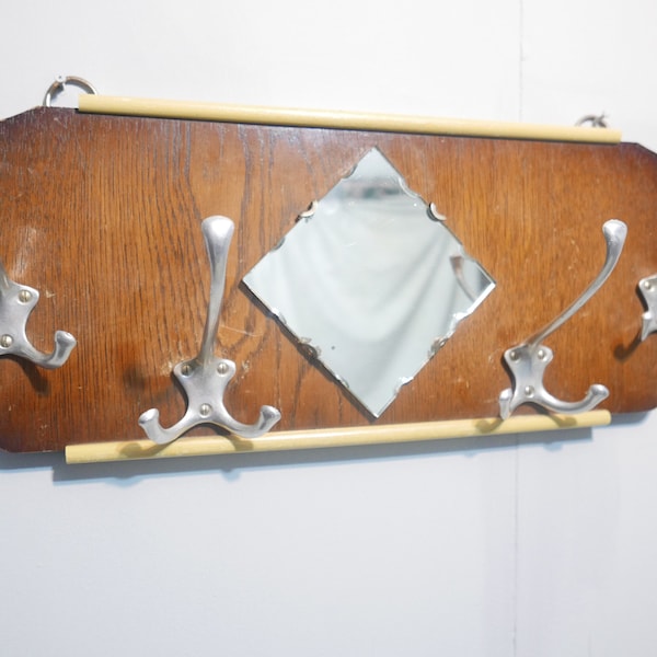 Vintage wooden coat rack with mirror - 1950s