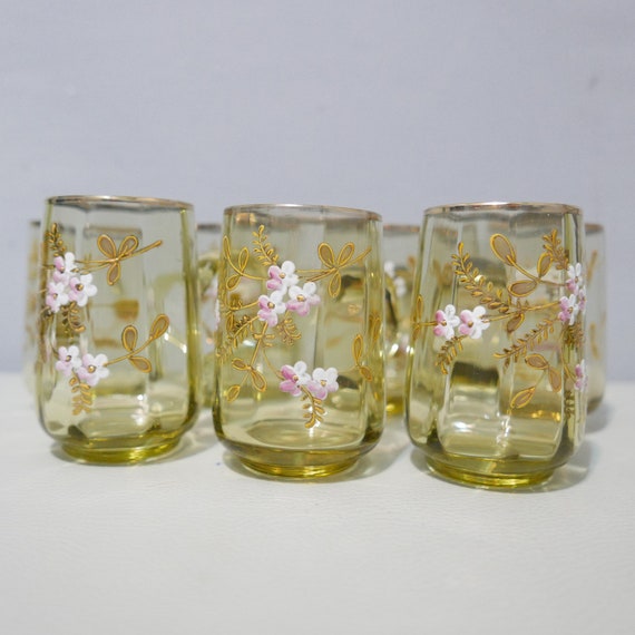Set of 7 Vintage Floral Juice Glasses, Vintage Juice Glasses