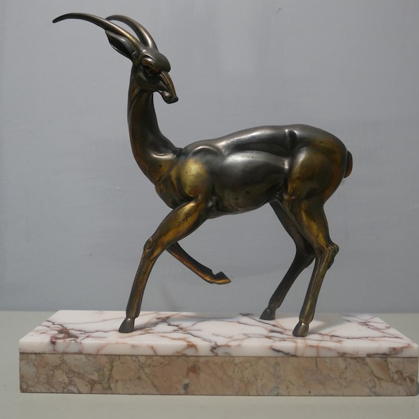 Art deco zamac antilope / hert / ree - zamac op marmer - 1930s - Frankrijk