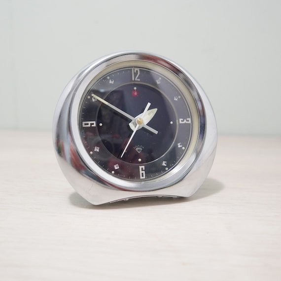 Vintage wekker klok - Space age - 1970s - chroom en lichtblauw metaal
