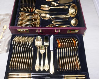 Vintage Nivella Solingen Cutlery Set: 70-piece Gold Decor, 12