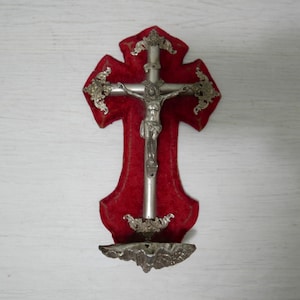 Crucifix Benetier - antique crucifix with holy water font - metal on red velvet - 1800s - Napoleon III period - France