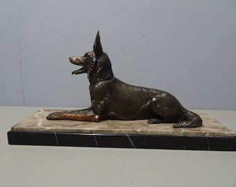 Large art deco statue - Zamac sheepdog on marble base - 1st quarter 20th century - France