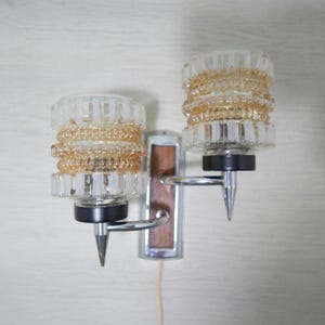 Vintage duo wall lamp - chrome wood and glass - 1960s - Belgium - mid century design