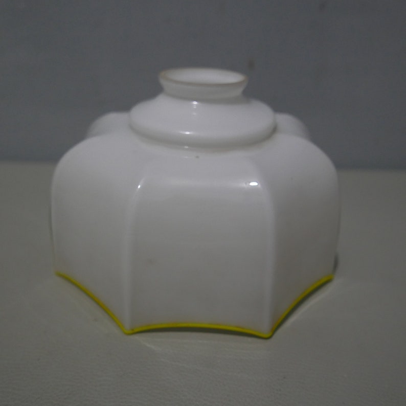 Vintage glass pendant lamp - white opaline glass with yellow edg Vintage glass pendant lamp - white opaline glass with yellow edg