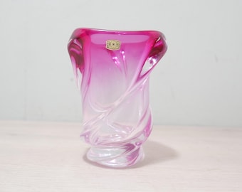 Val Saint Lambert - jarrón de cristal rosa - 1960 - vintage de mediados de siglo