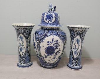 Delft blue set of 3 - lidded vase and 2 cup vases - Netherlands, 1970s - ceramics - Royal Sphinx by BOCH - vintage cupboard vases set