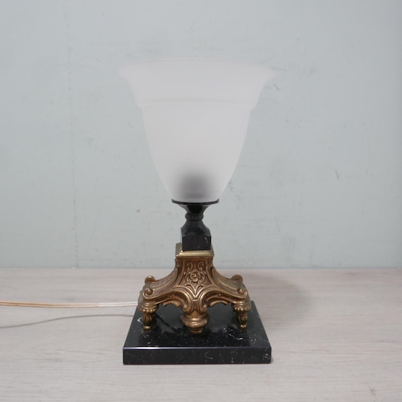 Vintage tafellamp - Empire stijl - 1950 - Frankrijk - marmer messing glas