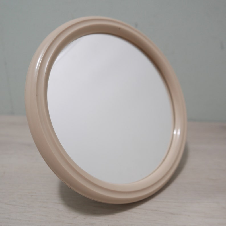 Vintage Tiger Mirror Netherlands 1970 Round Beige Plastic Table Mirror