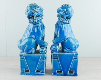 Set of 2 large Foo dogs - turquoise blue ceramics - China - 1960s - vintage